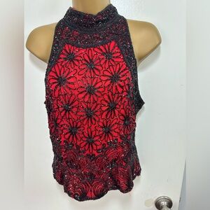 Sparkly Flashy Vintage Heavily Embellished Floral Beaded Sleeveless Top S-M?